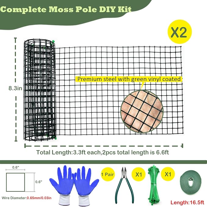 Moss Pole DIY Kit, 6.6/13.2/26.4ft Metal Moss Pole for Plants Monstera, 2Pcs 8.3in×3.3ft Steel Mesh with Plier, Cable Zip Ties, Sphagnum Moss Pole (6.6ft Wire Mesh with Plier)