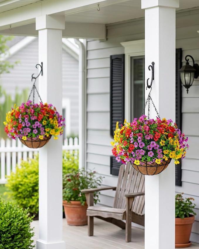 TDHDIKE Artificial Faux Fake Hanging Flowers Plants Basket for Summer Outdoor Outside Decoration UV Resistant Fake Silk Colorful Daisy Eucalyptus for Porch Patio Balcony Yard Garden Home