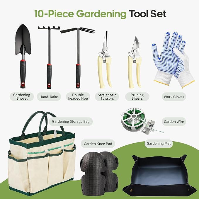Gardening Tools, Garden Hand Tools for Gardening, with Non-Slip Rubber Grip, Gloves & Storage Tote Bag, 10Pcs Gardening Accessories Set Kit Gifts for Men Women