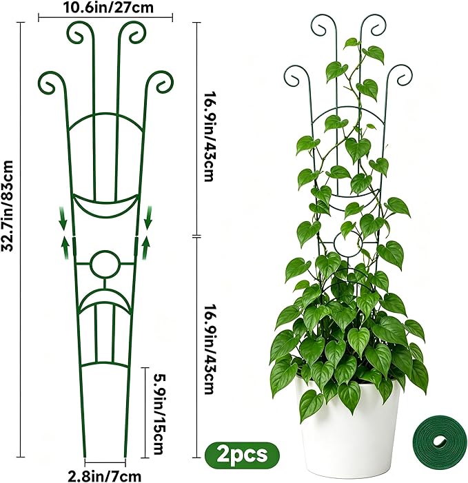 KINGLAKE Plant Trellis for Climbing Plants Indoor Outdoor - 2 Pack 32.7 Inch Green Expandable Metal Garden Trellis for Potted Climbing Plants Support Flower Vine Ivy Monstera Houseplant with Tape