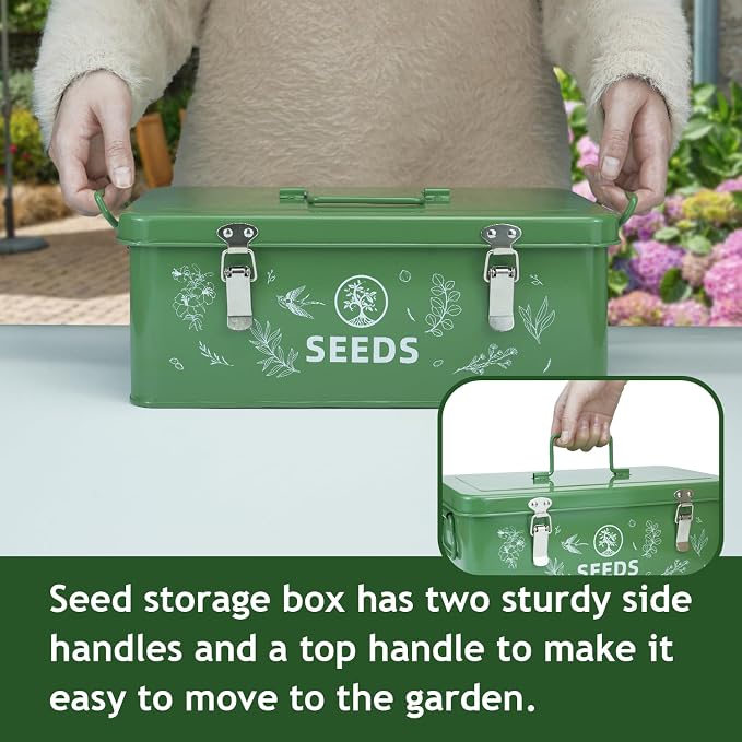 Seed Storage Box, Seed Storage Organizer with Garden String, 30 Seed Envelopes and Bamboo Plant Labels, 4 Compartments Garden Seed Organizer Box with Safety Locks, Dark Green