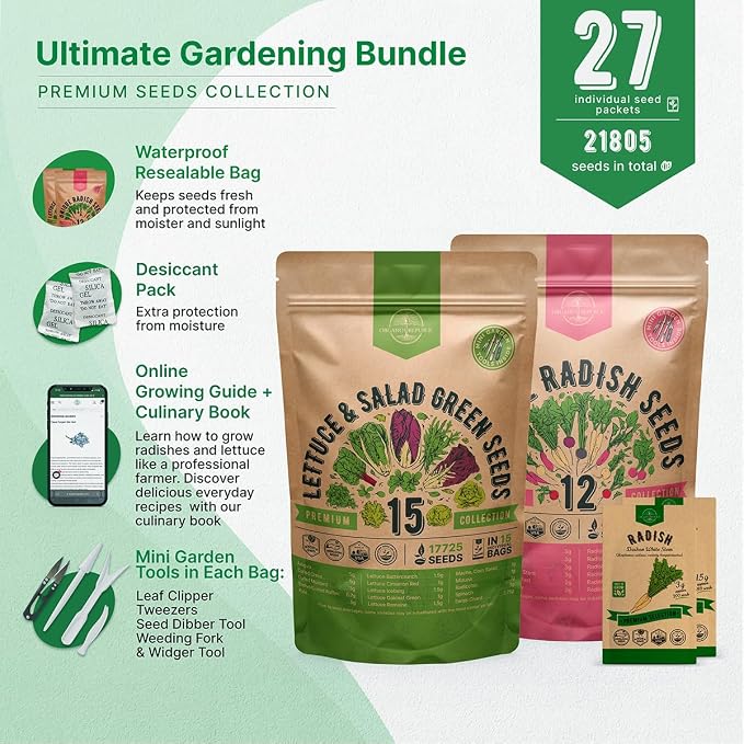 15 Lettuce & Greens and 12 Radish Seeds Variety Pack Bundle, 20,175+ Non-GMO Heirloom Garden Seeds for Planting Lettuce, Greens, and Radishes for Indoor & Outdoor Gardening