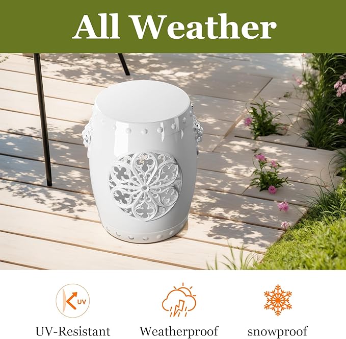 EasyUp Faux Ceramic Garden Stool, Decorative Drum Design, for Patio and Garden (White New)