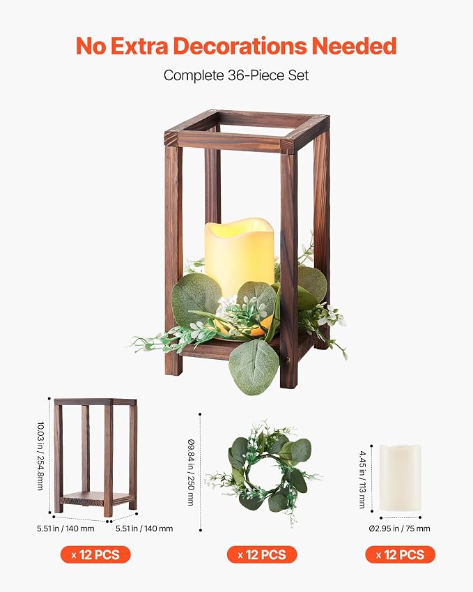 VEVOR 12 Set/36 Pcs Wooden Wedding Lantern Centerpiece, Includes 12 Wooden Lantern Candle Holder 12 Flameless LED Candle 12 Eucalyptus Leaves Wreath for Wedding Table Party Farmhouse Decor, Brown