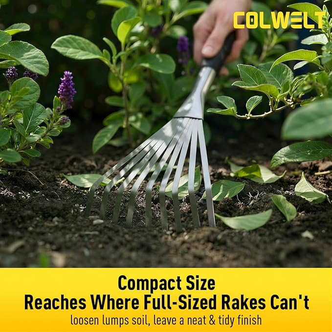 Colwelt Hand Rake 16.5", Small Rake for Gardening with 9 Resilient Flat Tines, Metal Mini Rake with Hanging Hole for Storage, Hand Fan Rake for Leaves, Loosening Soil, Spreading Mulch, Flower Beds