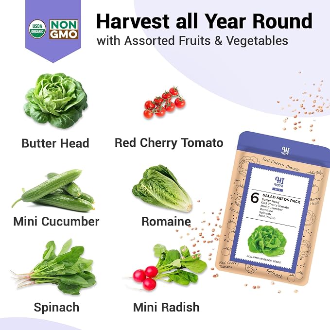Salad Seed Pods, Grow Anything Kit for All Hydroponics Growing Systems, 8 Pods with 600+ Seeds of Red Cherry Tomato, Butter Head, Romaine, Spinach, Mini Cucumber and Radish