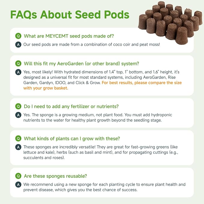 Hydroponic Growing Sponges 50 Pack, Universal Fit Sponges & Seed Pods for Starting Seeds, Indoor Outdoor Garden for Seed Germination & Plant Cloning, Stronger Roots