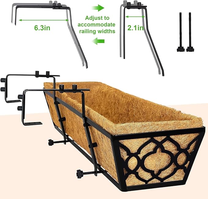 Y&M Window Boxes Horse Trough with Coconut Coir Liner, 24 Inch Window Deck with Coco Liner, Fence Metal Hanging Flower Planter Window Basket Deck Railing Planter Boxes (Flower 24in 2P)
