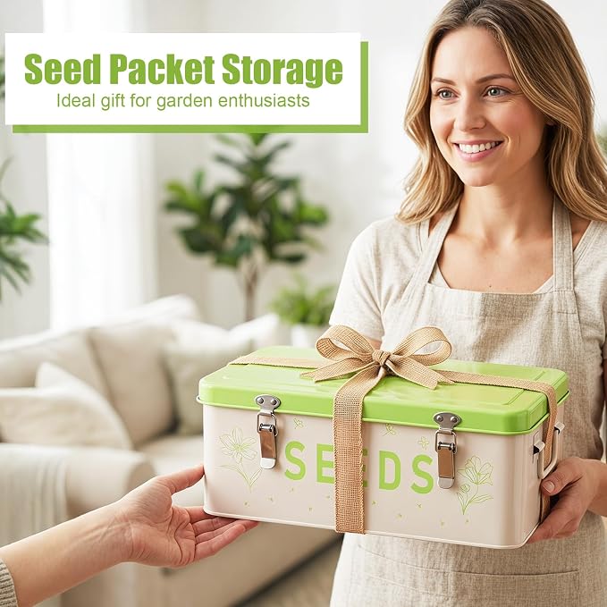 Seed Storage Organizer Box – Large Metal Seed Box with Dividers, 50 Envelopes, 100 Plant Labels, 50 Clips & Marker Pen | Seed Packet Container for Garden