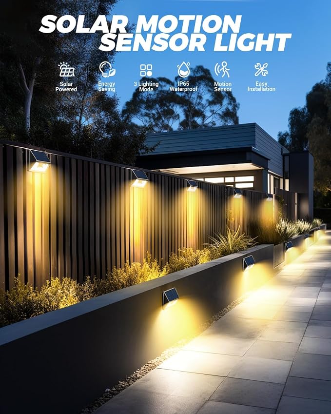 Vighep 12 Pack Solar Fence Lights, Motion Sensor Deck & Wall Lights - Warm White LED, Wireless, Waterproof, Outdoor for Yard, Steps & Garden - Black