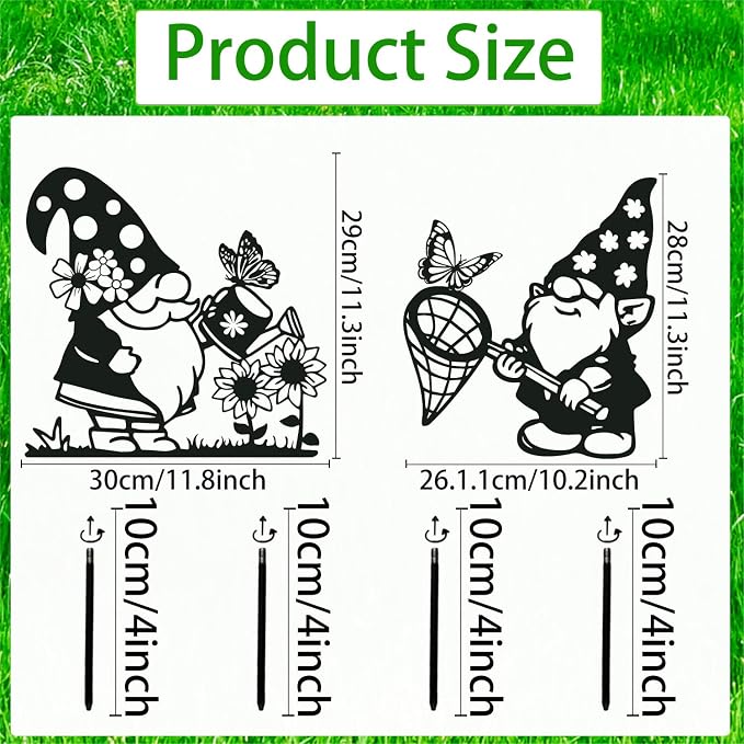 Rngmsi Gnome Metal Garden Stakes Decor, 2PCS Gnomes Gifts for Women Men Mom Wife Grandma, Gnome Yard Decorations Outdoor for Yard Art Outside Patio Lawn Pathway Landscape Ornaments (12 X 11 Inches)