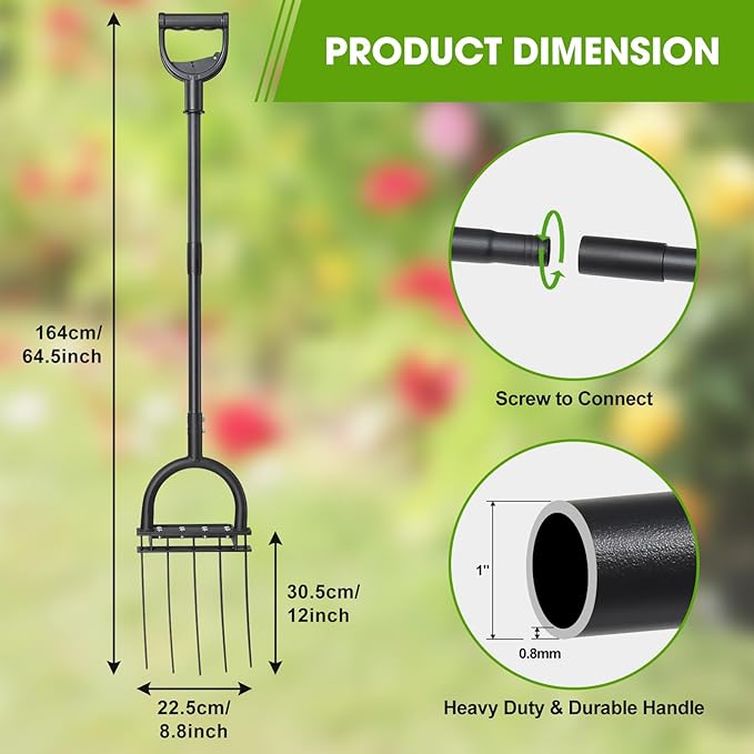 Broad Fork Garden Tool, 55" Heavy Duty 5 Sharp Tines BroadFork Hand Tiller Garden Pitchfork with Ergonomic Handles for Spading Digging Fork Gardening Cultivating Composting and Loosening