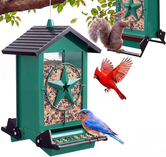 Squirrel Proof Bird Feeders for Outdoors with Weight-Activated, Metal 5LB Large Wild Bird Feeders for Cardinals,Blue Jay,Finch, Weatherproof Durable Hanging Bird Feeder for Backyard,Garden (Green)