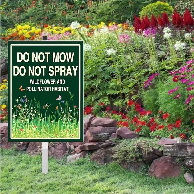 Do Not Mow Do Not Spray Yard Sign,Wildflower Pollinator Habitat Yard Sign With Stakes(8x12in),Rustproof Aluminum Pollinator Friendly Garden Sign Stand Outdoor