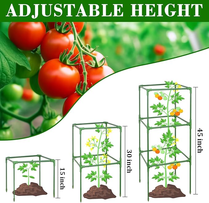 ZeeDix 45 Inch Tomato Cages 4 Pack, Heavy Duty Adjustable Metal Garden Plant Supports for Climbing Vegetables - Square Cage for Tomatoes, Cucumbers, Peas, Flowers with 40 Plant Clips
