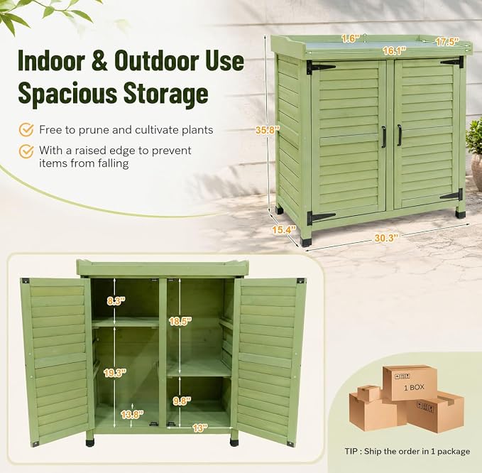 Outdoor Potting Bench with Metal Work Top,Waterproof Garden Storage Cabinet,Wooden Tool Station Shed for Backyard,Patio,Lawn Gardening