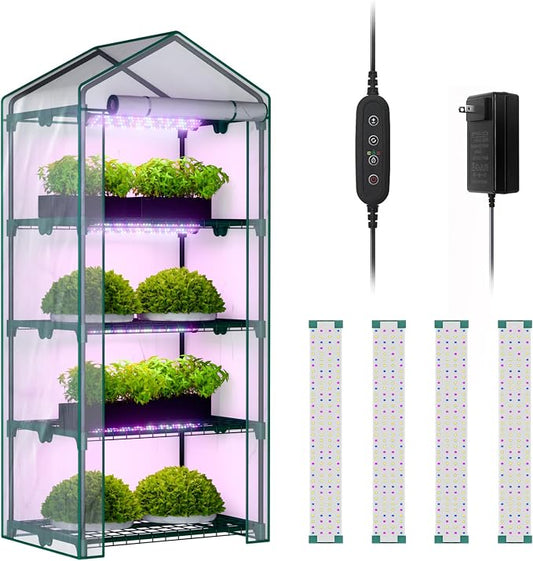 Indoor Greenhouse with Grow Lights, 4 Tier 27" L×19" W×62" H Mini Greenhouse with Zippered PVC Cover for Seed Starting Trays, Dimmable 2FT 60W Plant Light for Indoor Plants with Timer