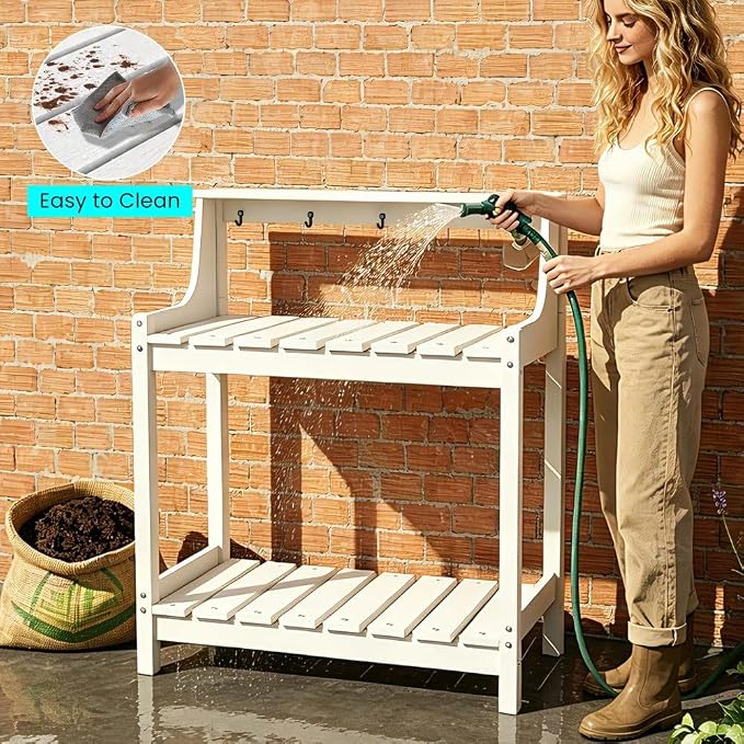Potting Benches for Outside, HDPE Garden Potting Table All Weather, Outdoor Potting Table with Storage for Patio, Backyard, Garden, White