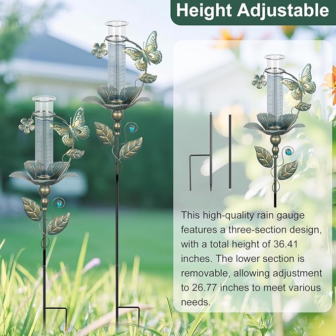 shumi Rain Gauge Outdoor Butterfly, Upgraded Glass Rain Gauge Outdoors Best Rated, Freeze Proof Adjustable Height Rain Gauges for Yard Garden Decor, Gardening Gifts for Women