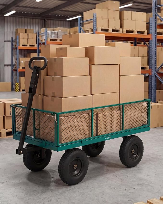 Garvee Versatile Outdoor Utility Cart-1000LBS Heavy-Duty, 13" All-Terrain Pneumatic Tires, Vehicle-Connectable, Easy Maneuverable Lawn Cart with Removable Mesh Panels for Gardening & Landscaping,Green