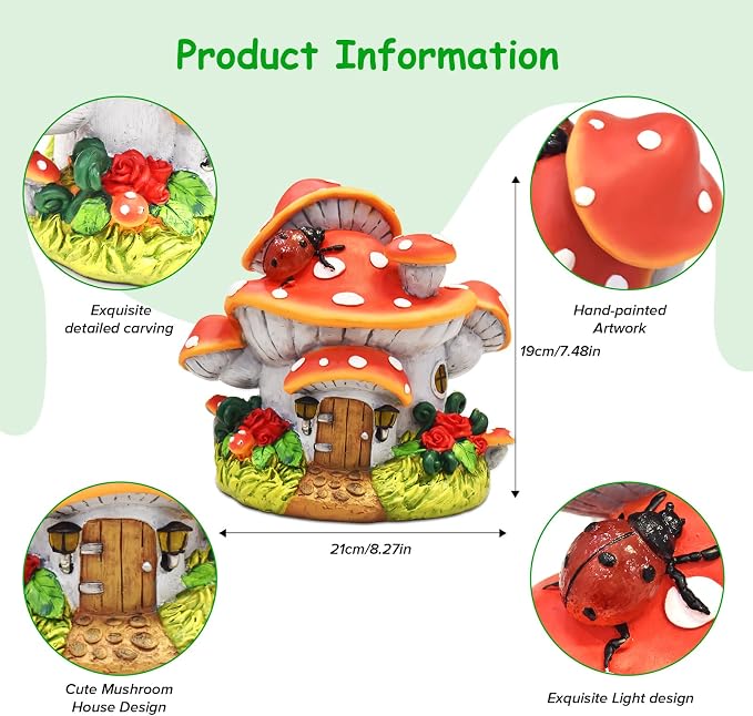 WINTS Solar Mushroom House Statue,Fairy Garden Houses with Solar Lights, Outdoor Mushroom Garden Statue Decoration for Fairy House, Outside Lawn Yard Patio, Gifts for Mom