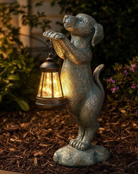Solar Dog Garden Statue - Puppy Holding Lantern Outdoor Decor, Waterproof Resin Yard Art Figurine with Warm LED Light for Lawn, Patio, Porch & Pathway, Perfect Housewarming Gift for Dog Lovers