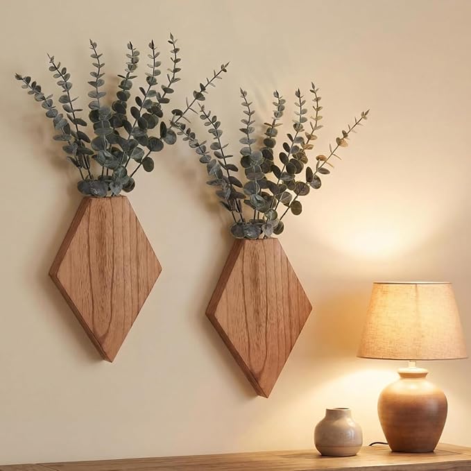 Chunful 2 Pcs Wooden Wall Planter Decor Hanging Fake Plants Greenery Flowers Holder Vase Boxes for Wall Bohemian Farmhouse Room Kitchen Office Indoor Decoration(Wooden Color,7.1 x 4.7 x 1.2 Inches)