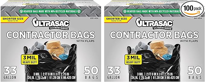 Ultrasac Contractor Trash Bags - (/w Ties) - Heavy Duty 3 MIL Thick,39" x 32",Shorter 33 Gallon Black Version - for Industrial,Commercial,Professional,Construction,Lawn,Leaf,and More,(Pack of 100)