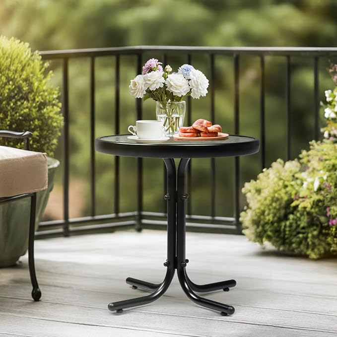 VINGLI Outdoor Side Table, 18" Patio Table Steel Frame Tempered Glass Top, Weatherproof Small Tables for Balcony Garden Poolside (Black, Round)