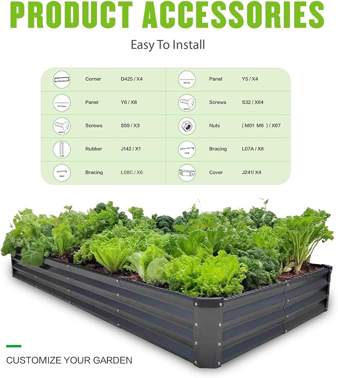 GrowHaus 8x4x1FT Galvanized Raised Garden Bed, Planter Boxes Outdoor Large Metal Garden Beds for Planting Vegetables Flowers Herbs Rectangle Dark Gray