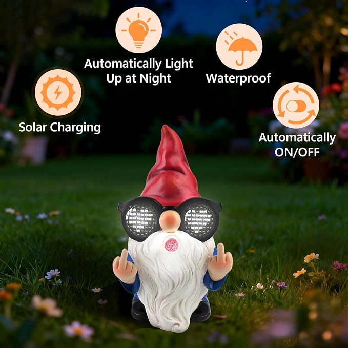 Gnome Statue with Solar LED Glasses, 8.3 in Funny Garden Gnome Statue for Outdoor Decor, Naughty Gnomes Ornaments for Home, Yard, Lawn, Patio and Balcony Decoration