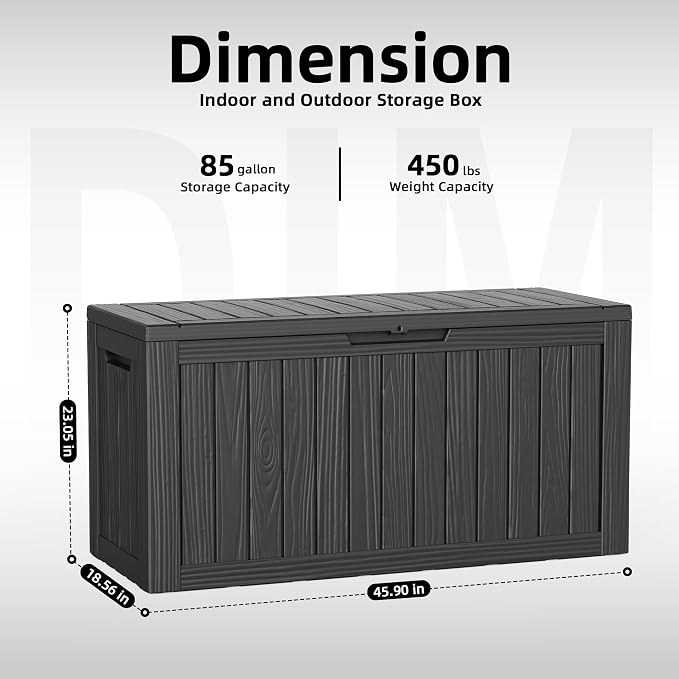 85 Gallon Outdoor Storage Box Waterproof Resin Lockable outdoor Deck Box with Lid, Large Capacity Storage Container for Patio Furniture, Side Table and Cushions(Black, 85 Gallon)