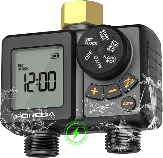 2 Zone Water Timer for Garden Hose, Programmable Hose Timer for Watering with Built-in Rechargeable Battery, Rain Delay/Manual/Auto Modes, IPX6 Waterproof Sprinkler Timers for Lawn, Yard, Farm