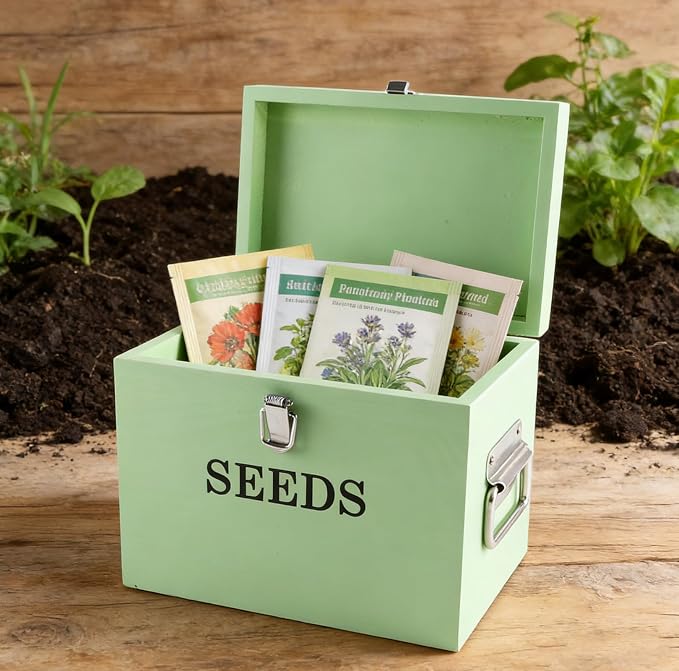 Seed Storage Organizer with 2 Dividers,Wooden Seed Saving Box with Lid, Seeds Bin Storage Container Kit with 2 Pens,20 Plant Labels and 50 Seeds Envelopes, Perfect for Flower Plants Garden