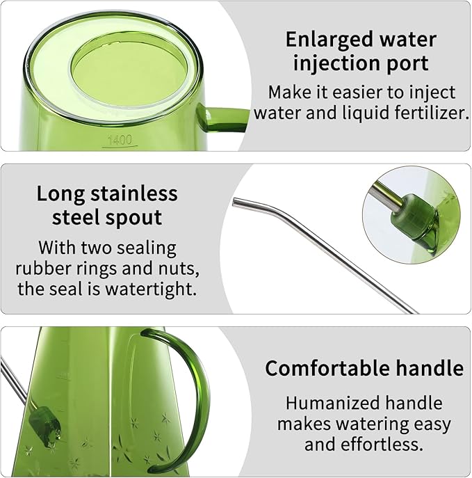 Goowin Watering Can Indoor Plants, 47 oz Long Spout House Plant Flower Watering Can, Creative Wide Opening Plastic Watering Can with 16 oz Spray Bottle & 8.5 oz Squeeze Bottle, Green