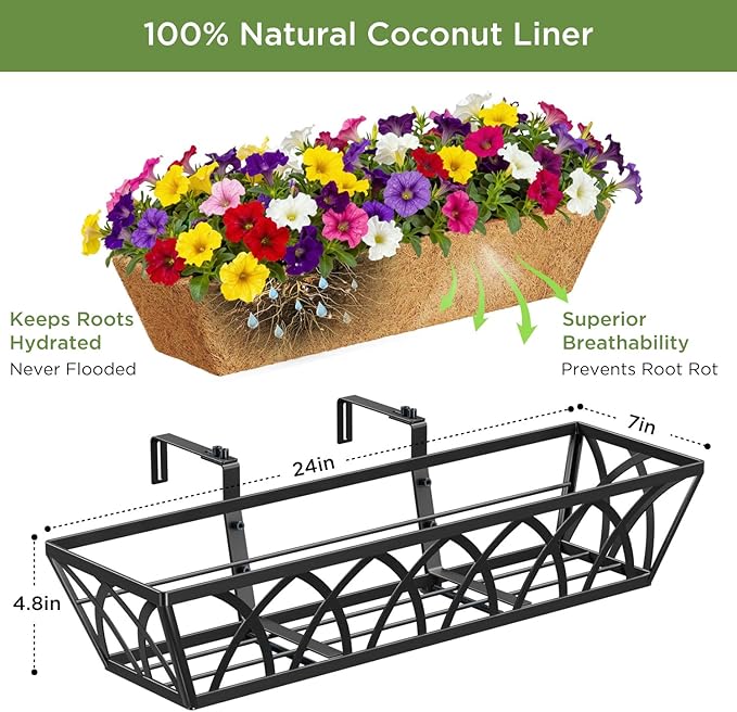 Y&M Hanging Railing Planter Boxes 4 Pack, 24 Inch Adjustable Balcony & Deck Planter, Heavy Duty Metal Flower Box for Porch, Fence & Window, Outdoor Plant Holder