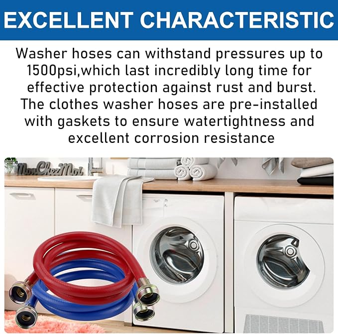 6FT Washer Water Line/Rubber Washing Machine Hoses 6FT,Universal Washing Machine Hose/Washer Water Line for Hot and Cold(2 Packs) with 3/4" Connection Water Supply Lines-by MIFLUS 10 YEARS WARRANTY