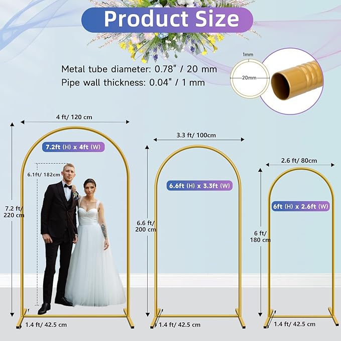 Hemmotop Metal Arch Backdrop Stand Set of 3, 6ft, 6.6ft, 7.2ft Wedding Arch Frame for Backdrop, Balloons, Flowers, Garden Décor, Gold Arched Stand for Birthday, Baby Shower, Graduation Party, 3 Pieces