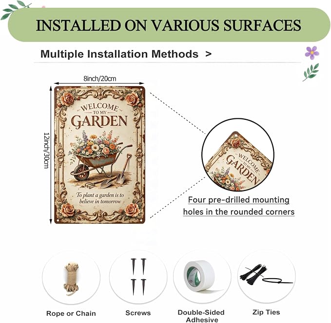 2D Flat Funny Garden Signs, Welcome to My Garden Vintage Outdoor Wall Decor for Patio Yard Greenhouse Home, Waterproof Garden Gifts 8x12 Inch
