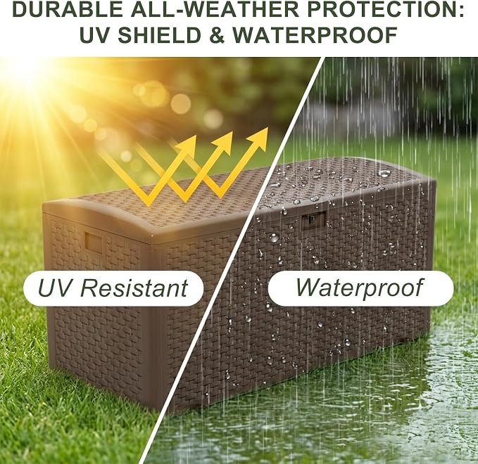 TARKARI Premium Pro Edition 180 Gallon Lockable Resin Deck Box, Waterproof & UV-Resistant Outdoor Storage Box for Outdoor Cushion Storage, Garden Tools & Pool Accessories Storage, Brown