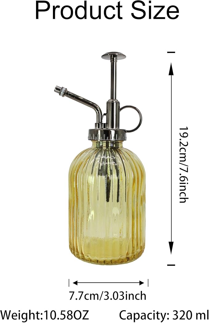 Glass Plant Mister Spray Bottle, 320ML Vintage Plant Spritzer with Top Pump Watering Can for Indoor Outdoor House Plants, Flowers (Yellow)