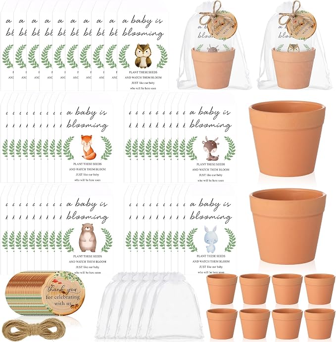 Ctosree 50 Sets Woodland Baby Shower Favors for Guests Baby Is Blooming Themed Seed Packets Include Self Adhesive Seed Packets Flowerpot Thank You Tags Organza Bags for Woodland Animal Party Favors