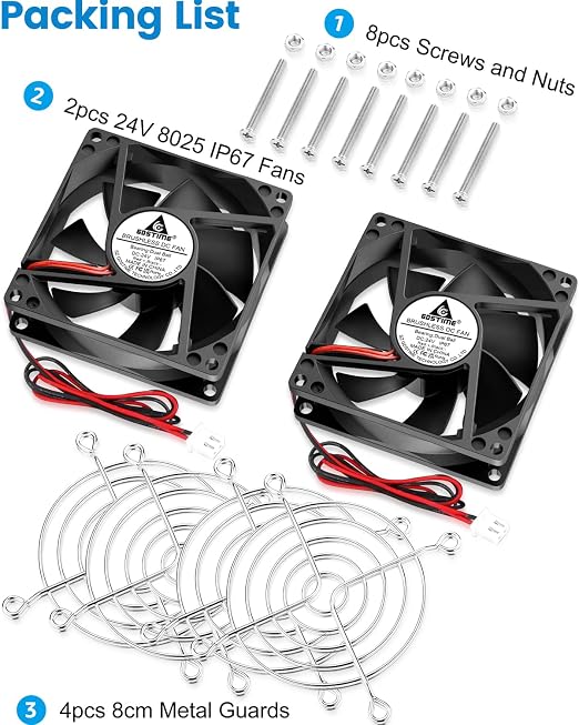 GDSTIME Waterproof Fan 80mm x 25mm IP67 Rating 24V Small Dual Ball Bearing Brushless DC Case Fans 2 Pin for RV Fridge Cooling Mini Greenhouse Ventilation, 2-Pack