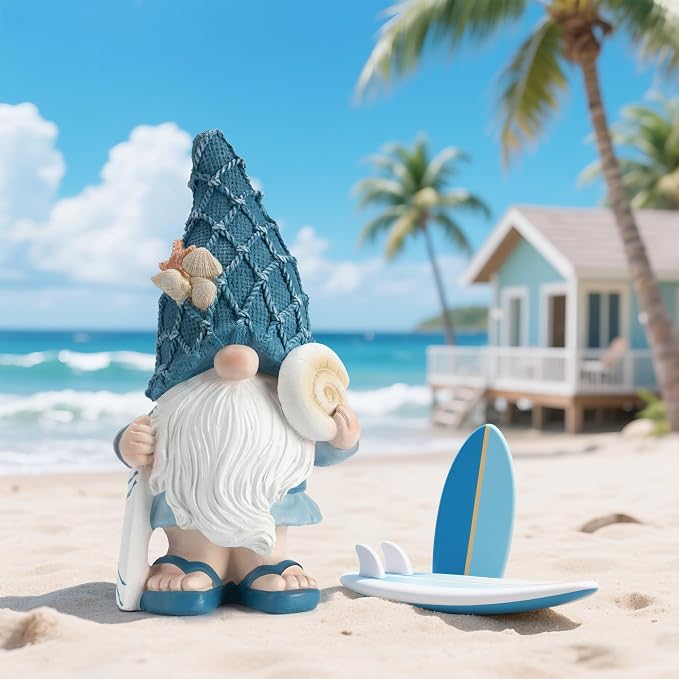 Etlemonde Beach Gnomes Statues, Ocean Gnomes, Nautical Themes Decoration, Resin Gnome Holding a Surfboard, 8.6 Inches