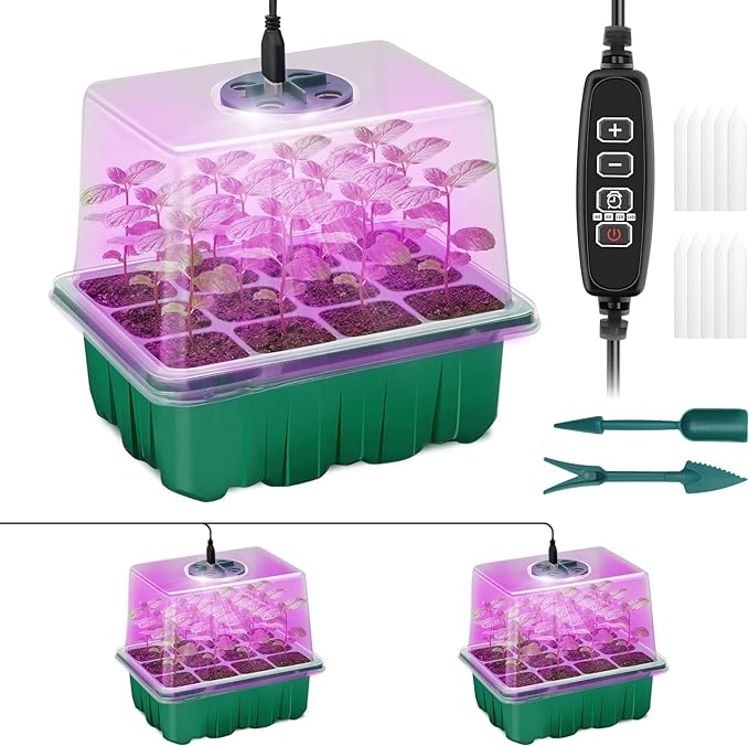 Qoolife Seed Starter Tray with Plant Light, 2 Pack Grow Lights for Seed Starting Kit with Humidity Domes, Timing Controller Adjustable Brightness for Greenhouse Propagator Station Planting Growing