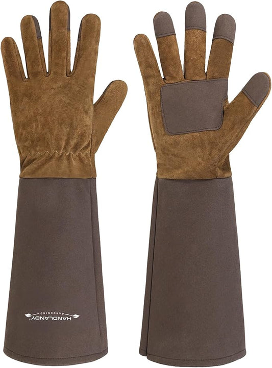 HANDLANDY Long Gardening Gloves for Men & Women, Pigskin Leather Rose Pruning Gloves- Breathable & Durable Gauntlet Glove (Small, Brown)