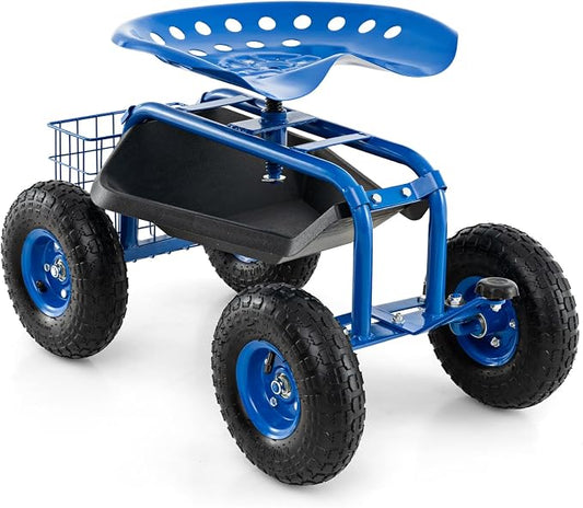 IRONMAX Garden Cart with Seat, Gardening Rolling Stool Scooter with 10’’ All-Terrain Wheels, Convenient Pull Handle & Tool Tray and Basket for Outdoor Planting (Blue)