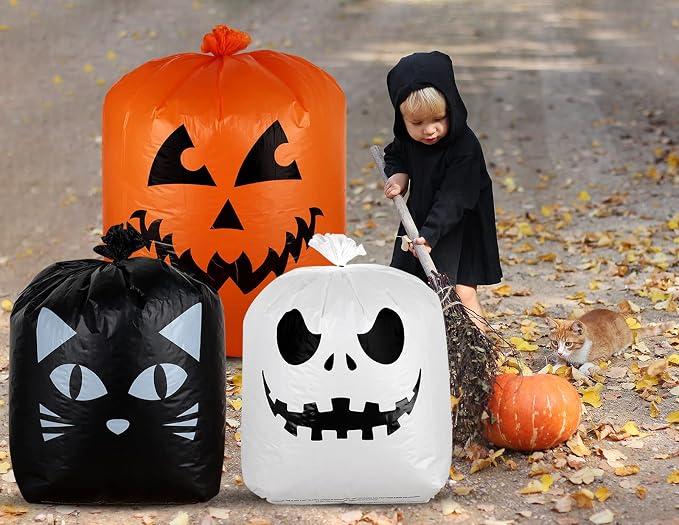 Giiffu Halloween Leaf Bags 9-Pack Pumpkin Leaf Bags | Heavy Duty Pumpkin Trash Bags for Leaves Large Plastic Halloween Lawn Garbage Yard Bags with Twist Ties Outdoor Decor