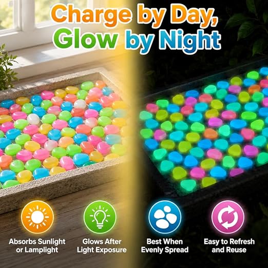 Colorful Glow in the Dark Garden Stones, Night Guide Luminous Pebbles Rainbow, Glow in the Dark Stepping Rocks Outdoor, Landscaping Decor, Glowing Stones Fish Tank Aquarium Decorations (200/Pack)