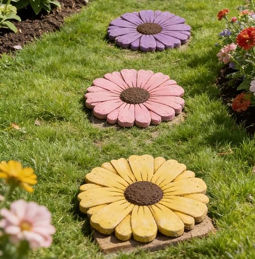 Heavy Duty Concrete Stepping Stone 10 Inch Daisy Design, Non Slip Garden Pathway Stone for Outdoor Walkway Yard Patio Lawn (Yellow)